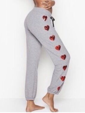 Victoria's Secret Gray Joggers with Red Sequin Hearts